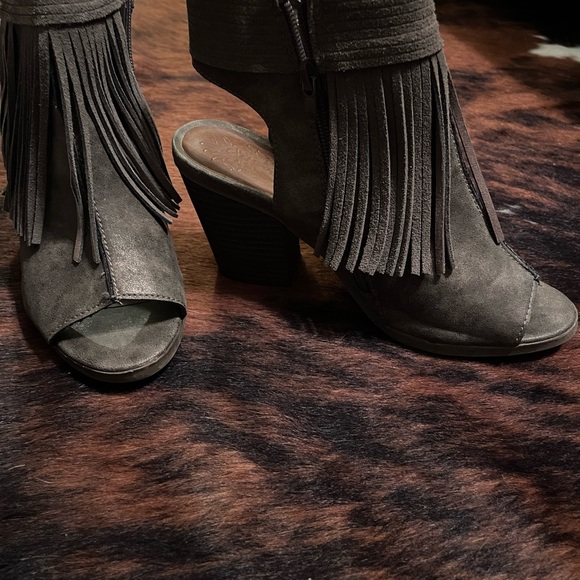 Sugar Taupe Fringed Peep-Toe Booties - Picture 2 of 5